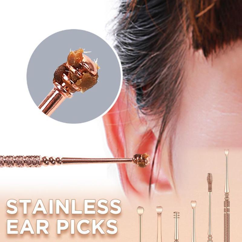 Zestaw patyczków do uszu ze stali nierdzewnej w kolorze różowego złota - zestaw na 6