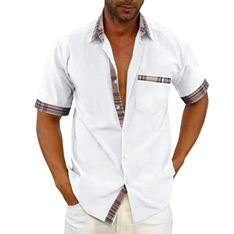 Pánská ležérní letní plátěná košile s kostkovaným límečkem s knoflíkem