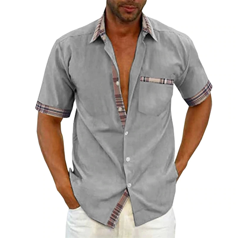Pánská ležérní letní plátěná košile s kostkovaným límečkem s knoflíkem