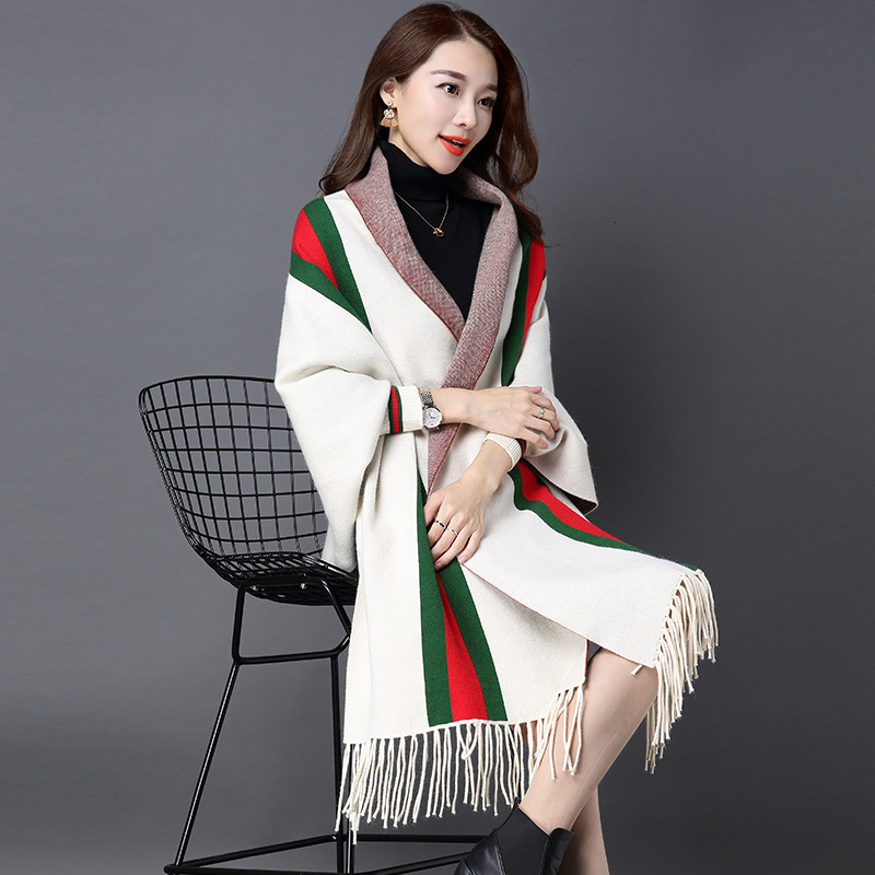 Bat sleeve big stripe tassel shawl