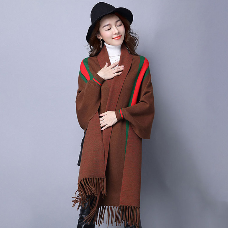 Bat sleeve big stripe tassel shawl