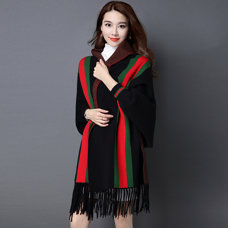 Bat sleeve big stripe tassel shawl