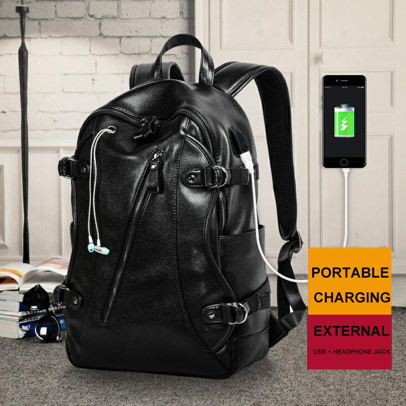 Mens Backpack External USB Charge Waterproof Leather Travel Functional Pack