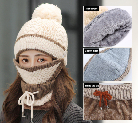 Three-piece winter ladies knitted hat, scarf, mask