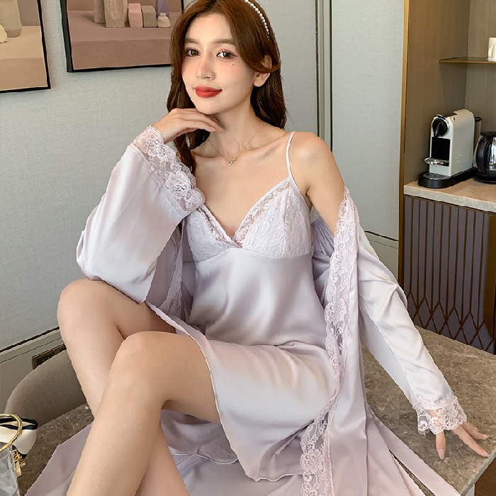 2022 spring and autumn new products with chest pad sexy ice silk pajamas women's two-piece set