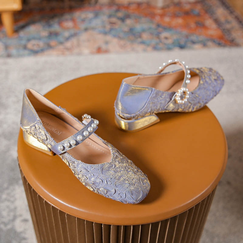 Round-toe pearl low heels(N2)