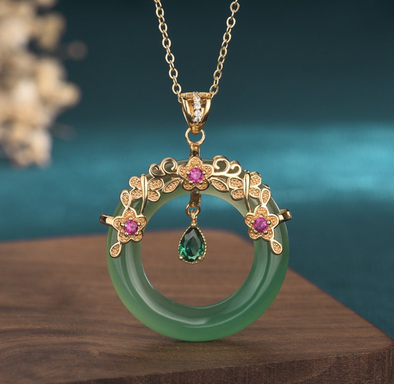 Bijuterii din jad pandantiv Charm în formă de inel norocos cu colier cu lanț placat cu aur de 18K
