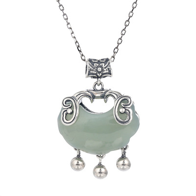 925 Sterling Silver Longevity Lock Hetian Jade Necklace