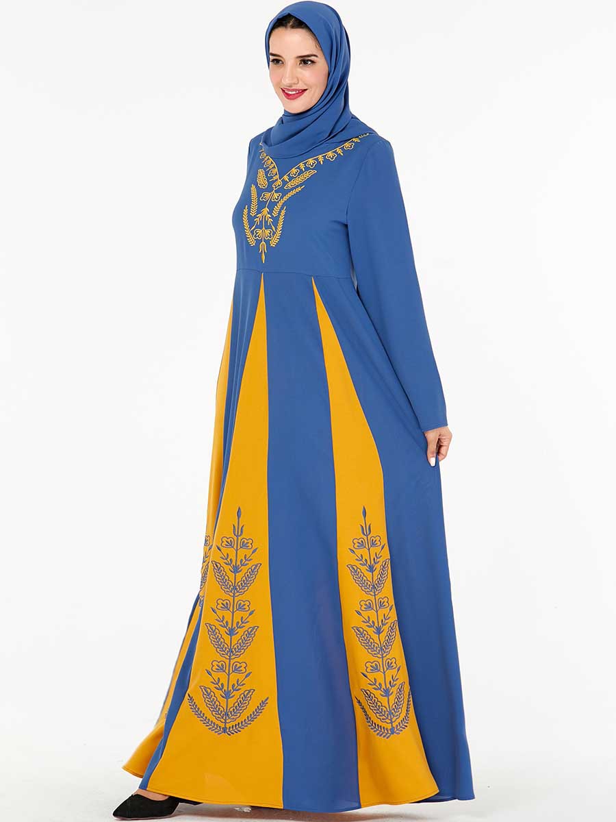 Arabian Plus Size Women's Embroidered Splicing Contrast Color Muslim Long Dress