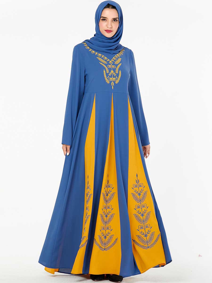 Arabian Plus Size Women's Embroidered Splicing Contrast Color Muslim Long Dress