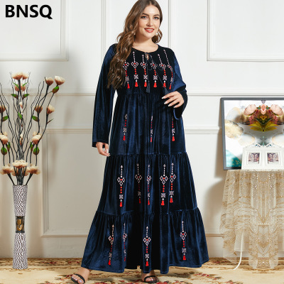 Dark blue gold velvet embroidered pleated maxi dress