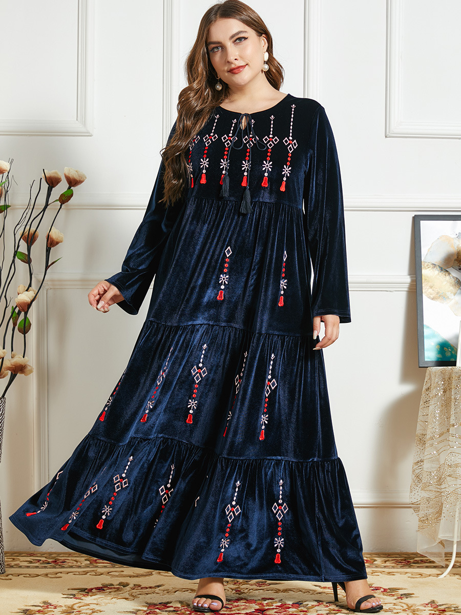 Dark blue gold velvet embroidered pleated maxi dress