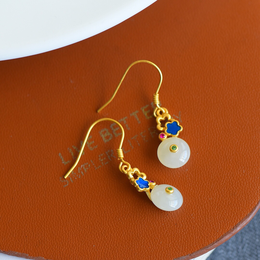 White Jade Earrings With Flower