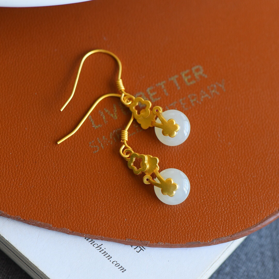 White Jade Earrings With Flower