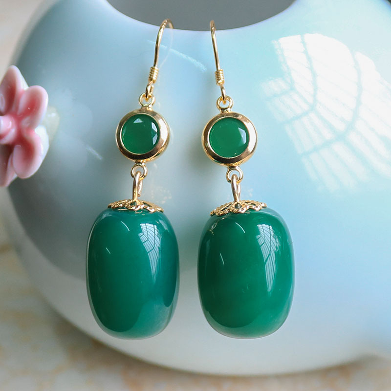 Green jade barrel bead earrings