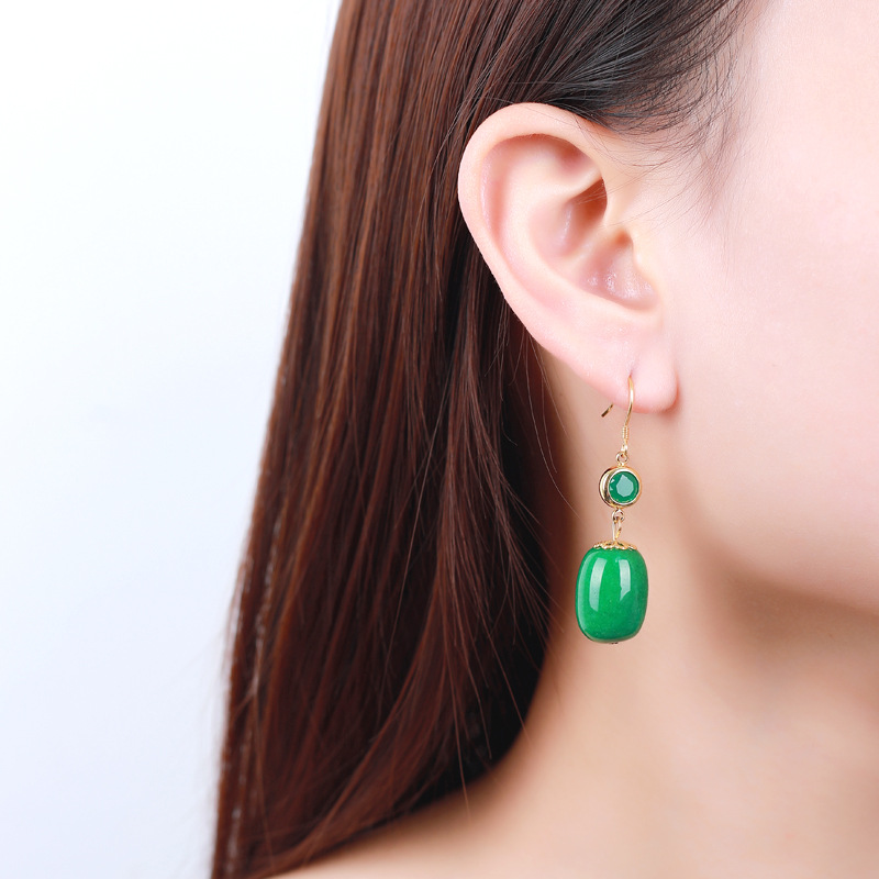 Green jade barrel bead earrings