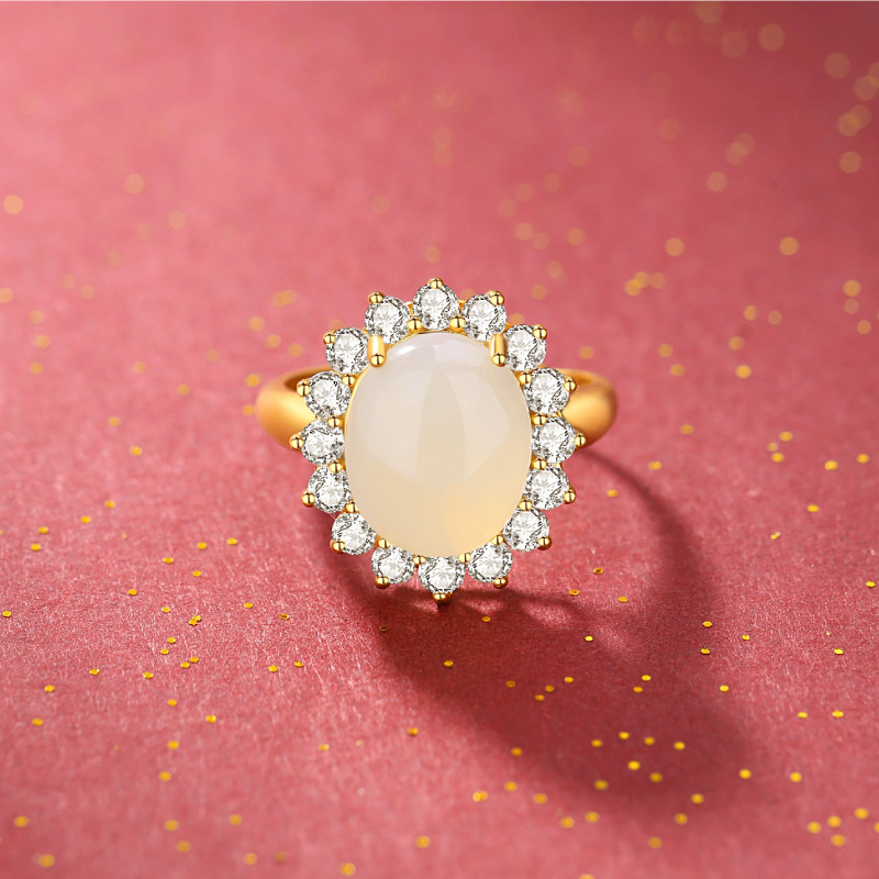White Jade and Diamond Vintage Open Ring