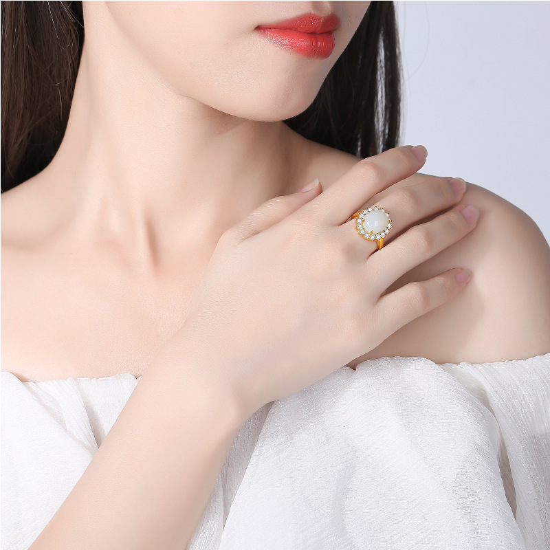 White Jade and Diamond Vintage Open Ring