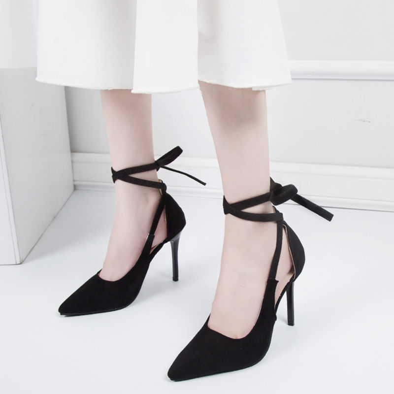 Women's Black Lace-up High-Heeled Shoes