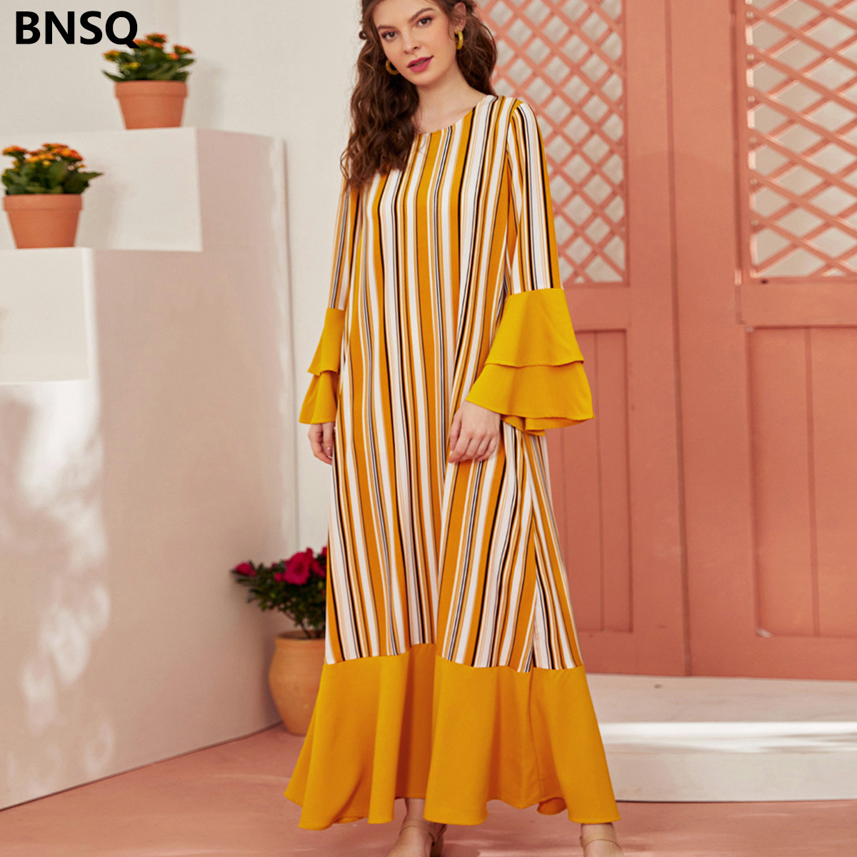 Fashionable and dignified plus size flared long sleeve dress