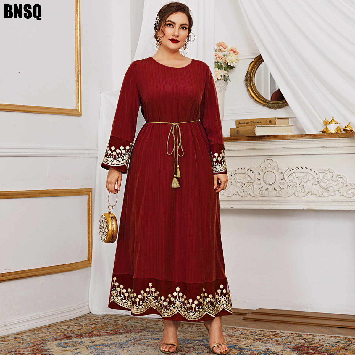 Lace Embroidered Sequined Red Maxi Dress