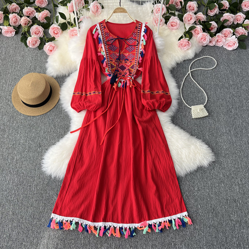 Embroidered Colorful Fringe Nipped Waist Cotton Linen Dress