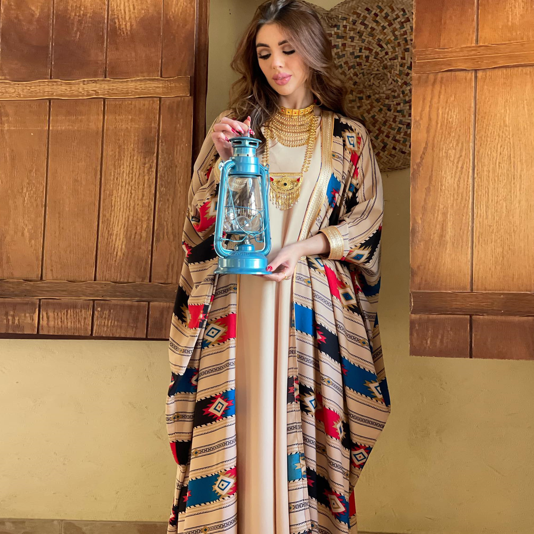 Middle Eastern Fashion Women's Striped Doll Sleeve Muslim Dress