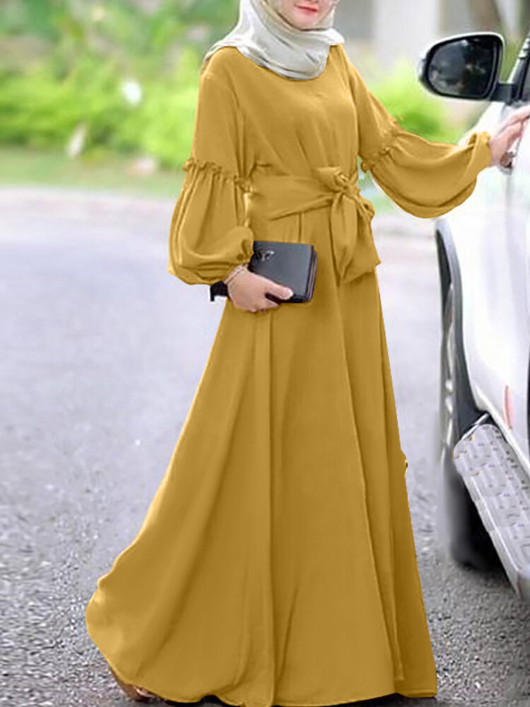 Solid Color Waistband Muslim Dress