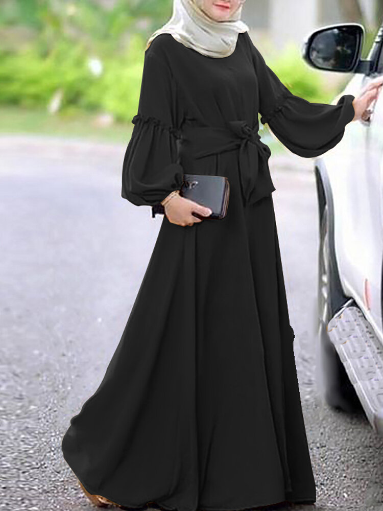 Solid Color Waistband Muslim Dress
