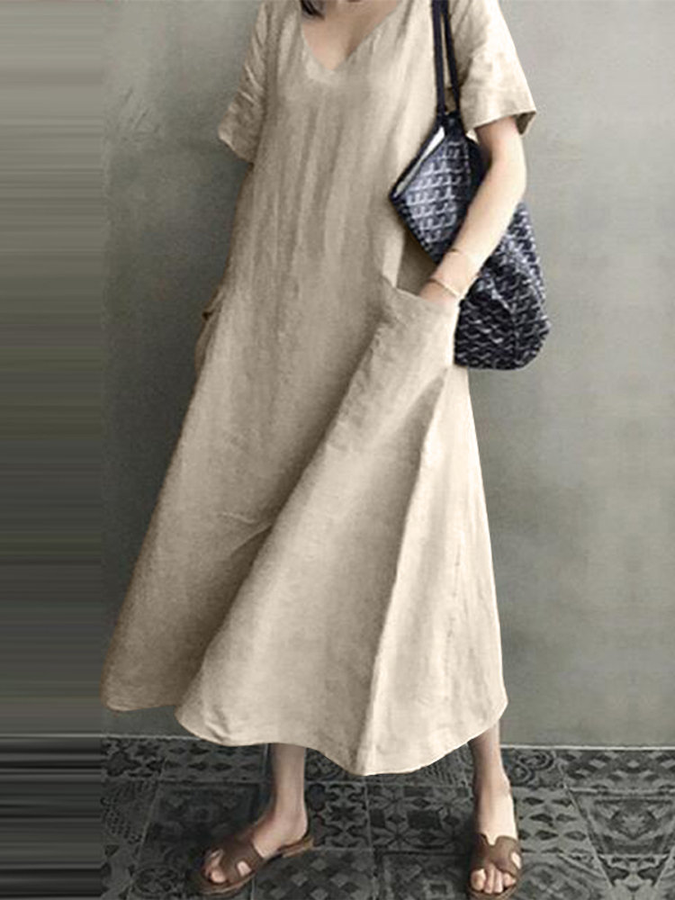 Vintage Short Sleeve V Neck Dress