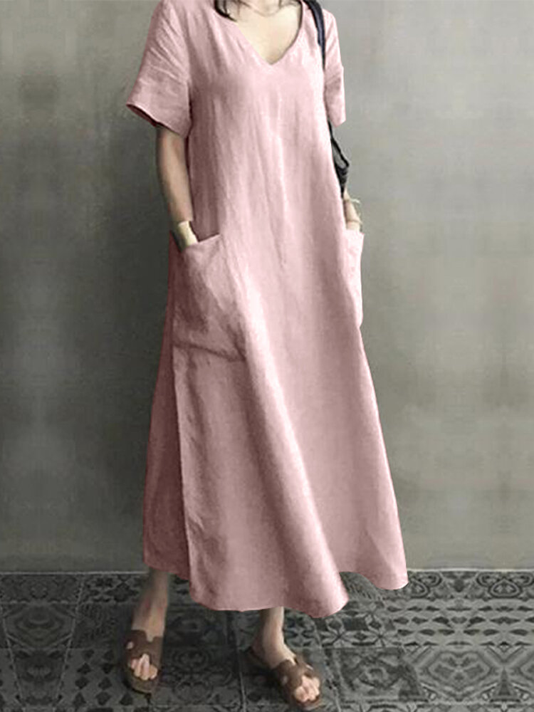 Vintage Short Sleeve V Neck Dress