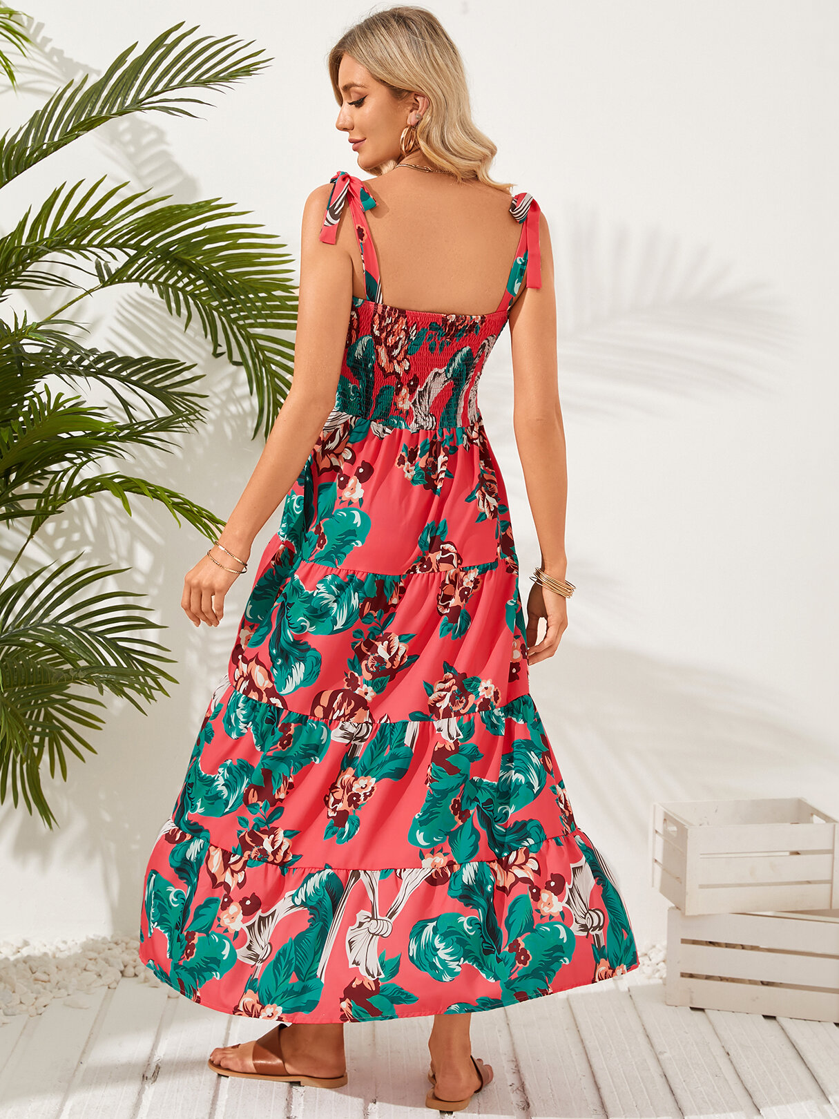 Floral Print Shirring Tie-up Dress