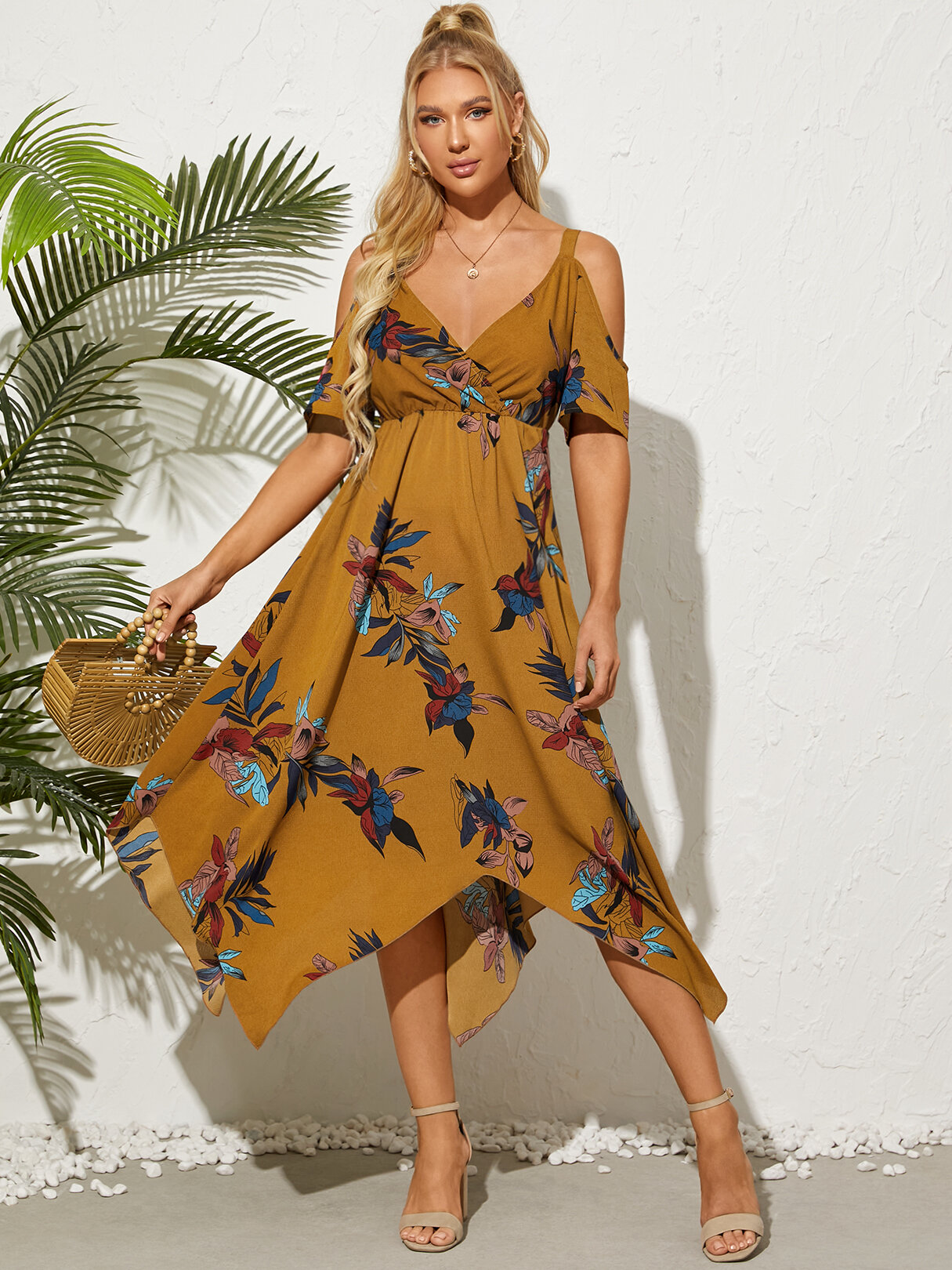 Floral print cold shoulder dress hotsell