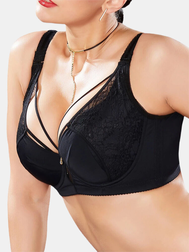 Plus Size Sexy Bra, Women's Plus Harness Contrast Lace Solid Longline  Underwire Corset