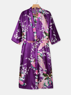 Robe kimono cu imprimeu floral cu păun