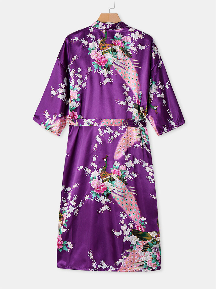 Floral Peacock Print Kimono Robes