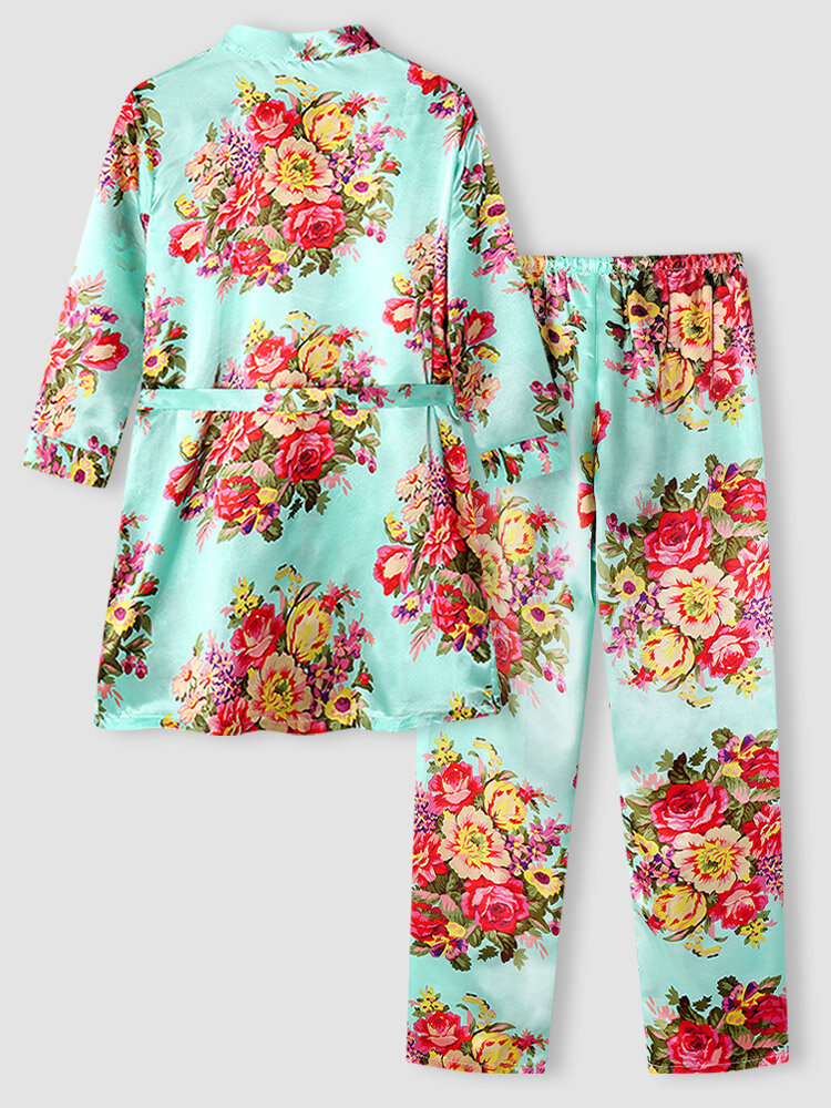Floral Print Faux Silk Pajamas Sets