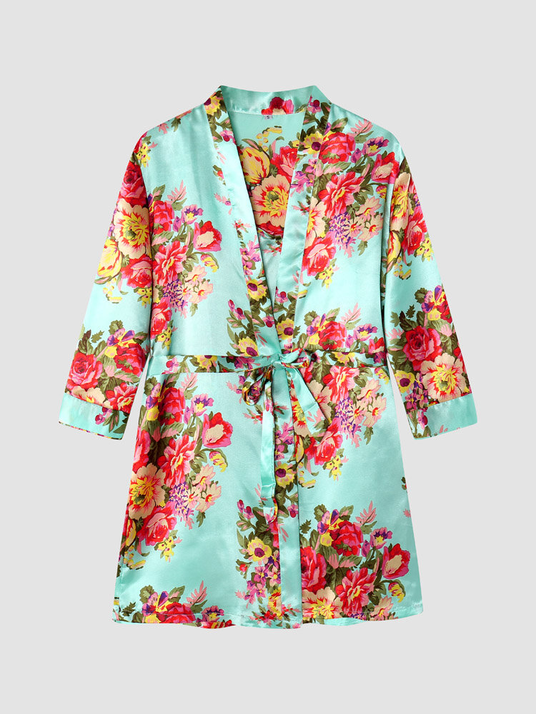 Floral Print Faux Silk Pajamas Sets