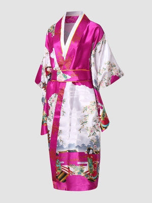 Robe din satin cu bowknot în stil kimono