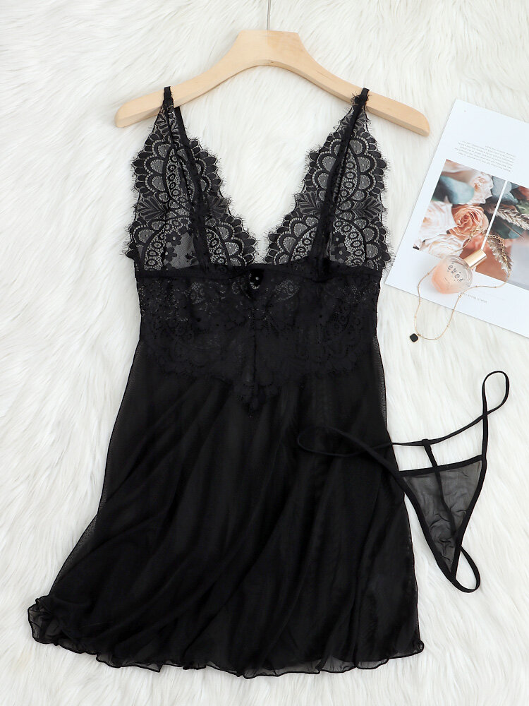 See Through Backless Lace Thin Nightgown