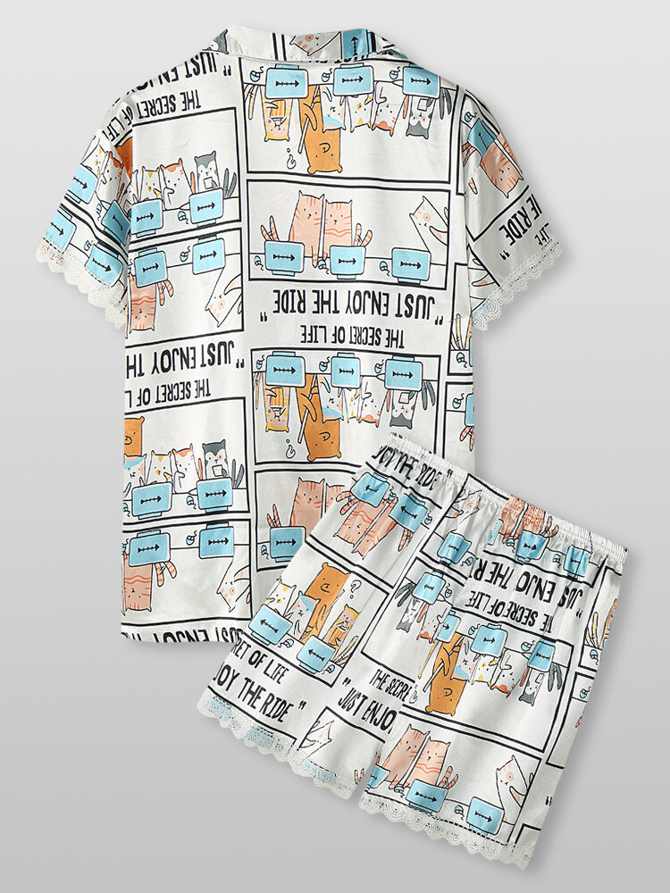 Cartoon Cat Revere Collar Pajamas