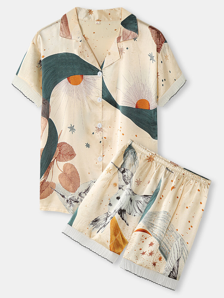 Bird Print Revere Collar Pajamas