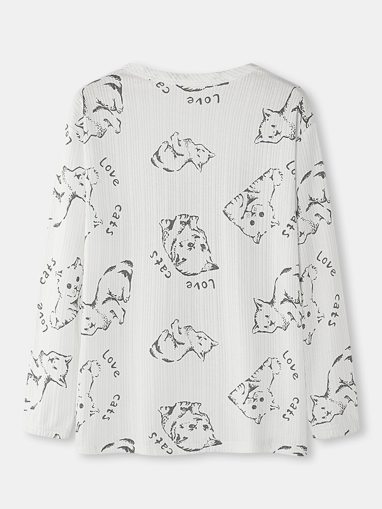 Cat Print Ribbed Cotton Long Pajamas