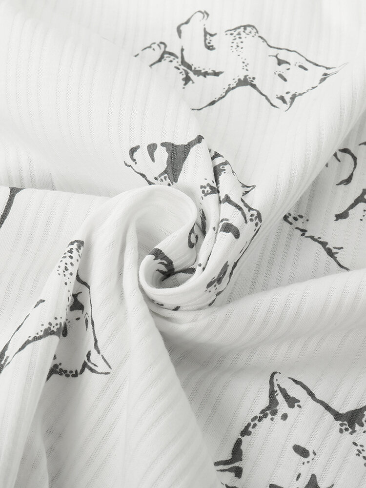 Cat Print Ribbed Cotton Long Pajamas