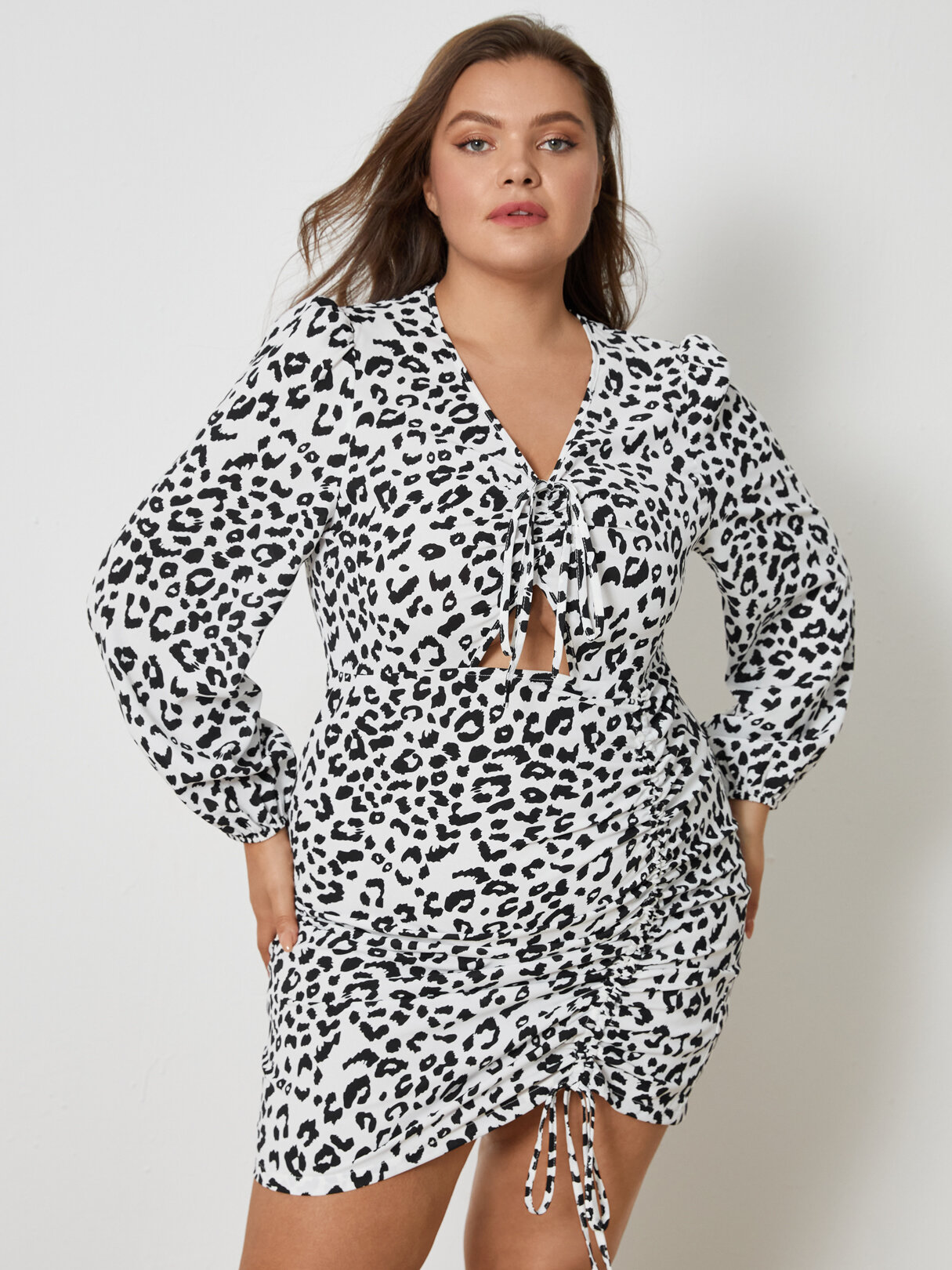 Plus Size V-neck Leopard Drawstring Cut Out Dress