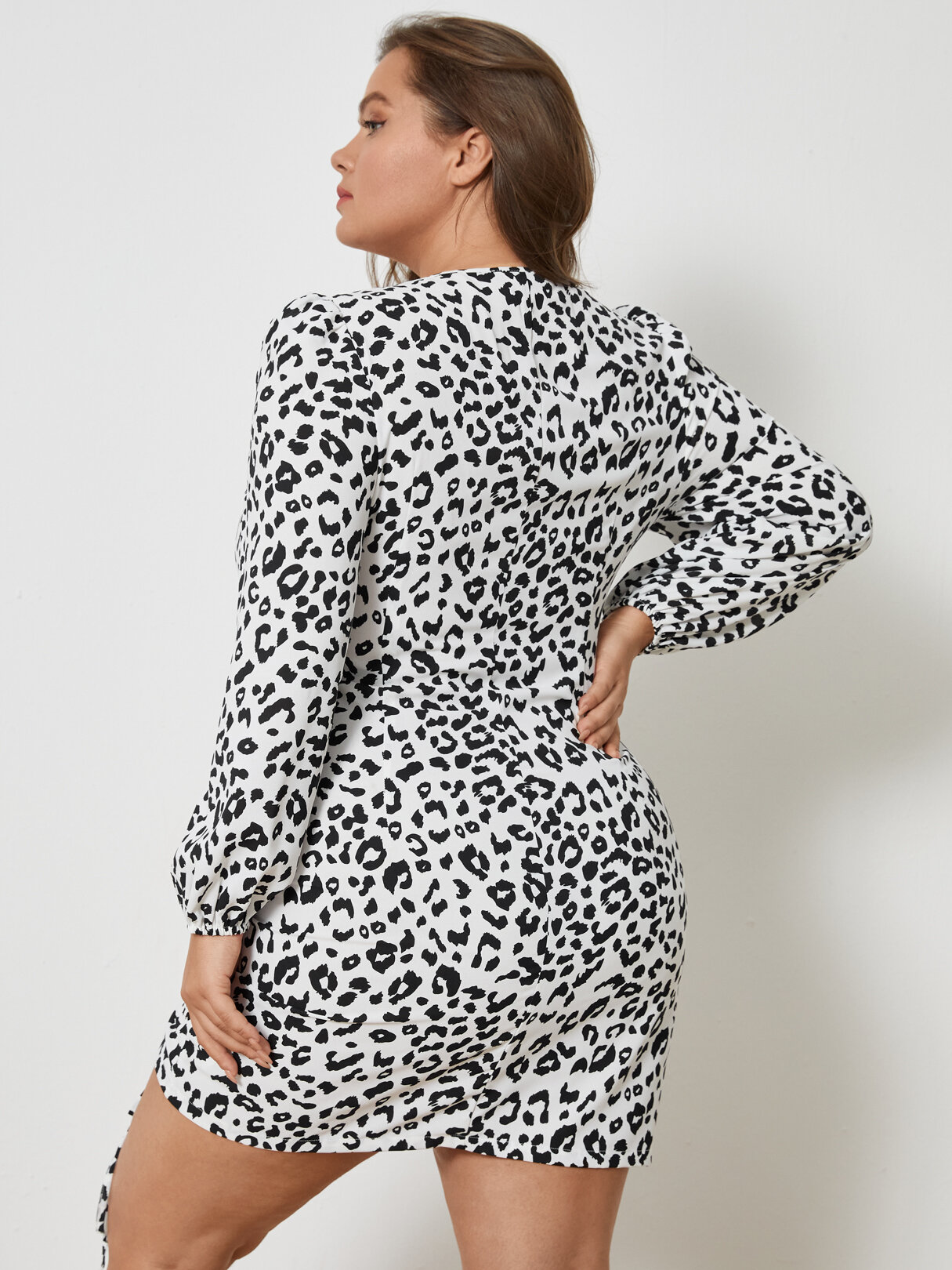 Plus Size V-neck Leopard Drawstring Cut Out Dress