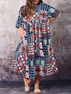 Czeska geometryczna sukienka w etniczne kolorowe bloki