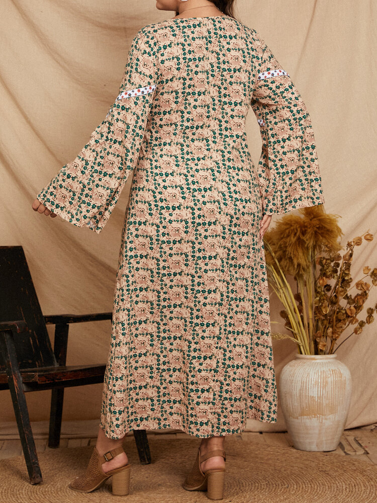 Vintage Print V-neck Patchwork Dress