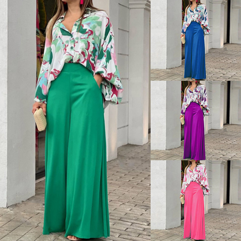 Two-piece casual printed shirt and wide-leg pants