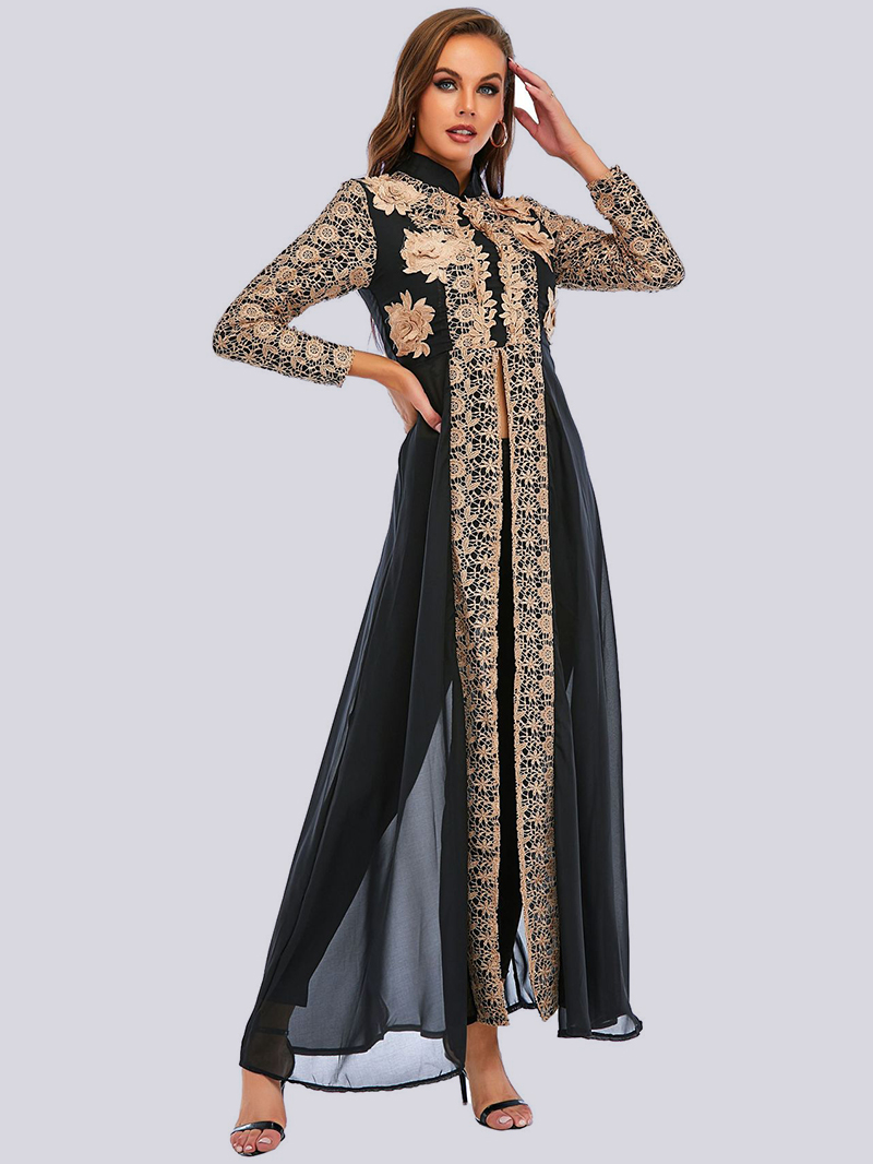 Female Charming banquet style High collar Splicing pattern Slim Abaya